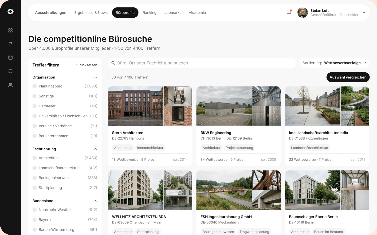 Competitionline Bürosuche catalogue and prioritised tender dashboard