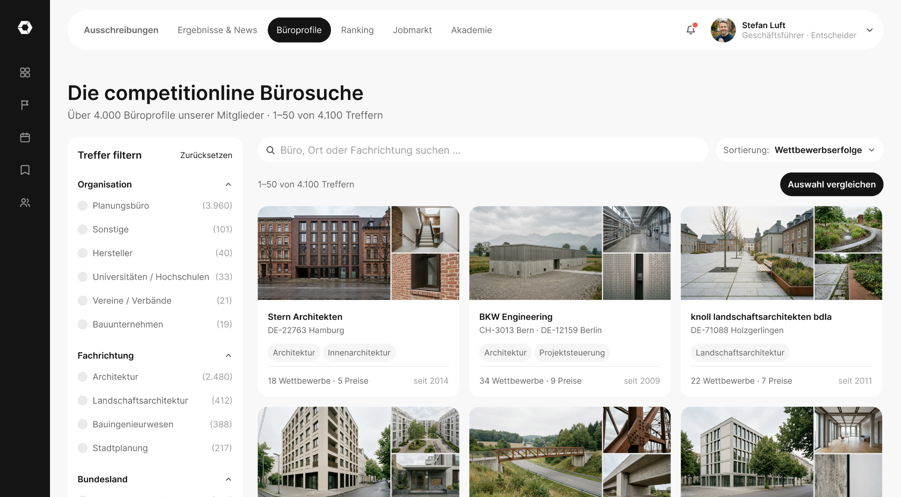 Competitionline office search screen listing architecture practices with their locations and specialisations