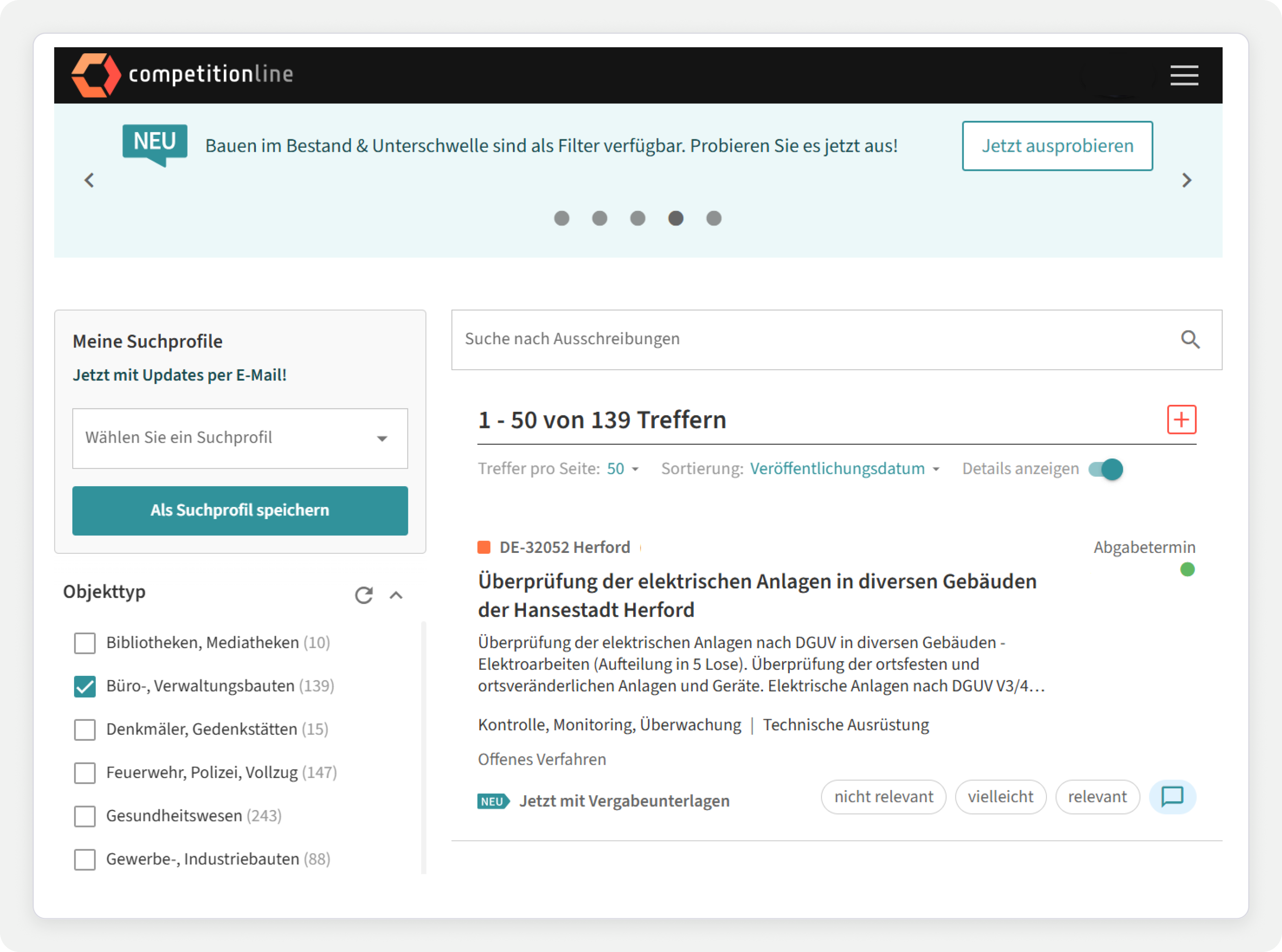 Legacy Competitionline tender list before the redesign, with dense rows and no shared assessment