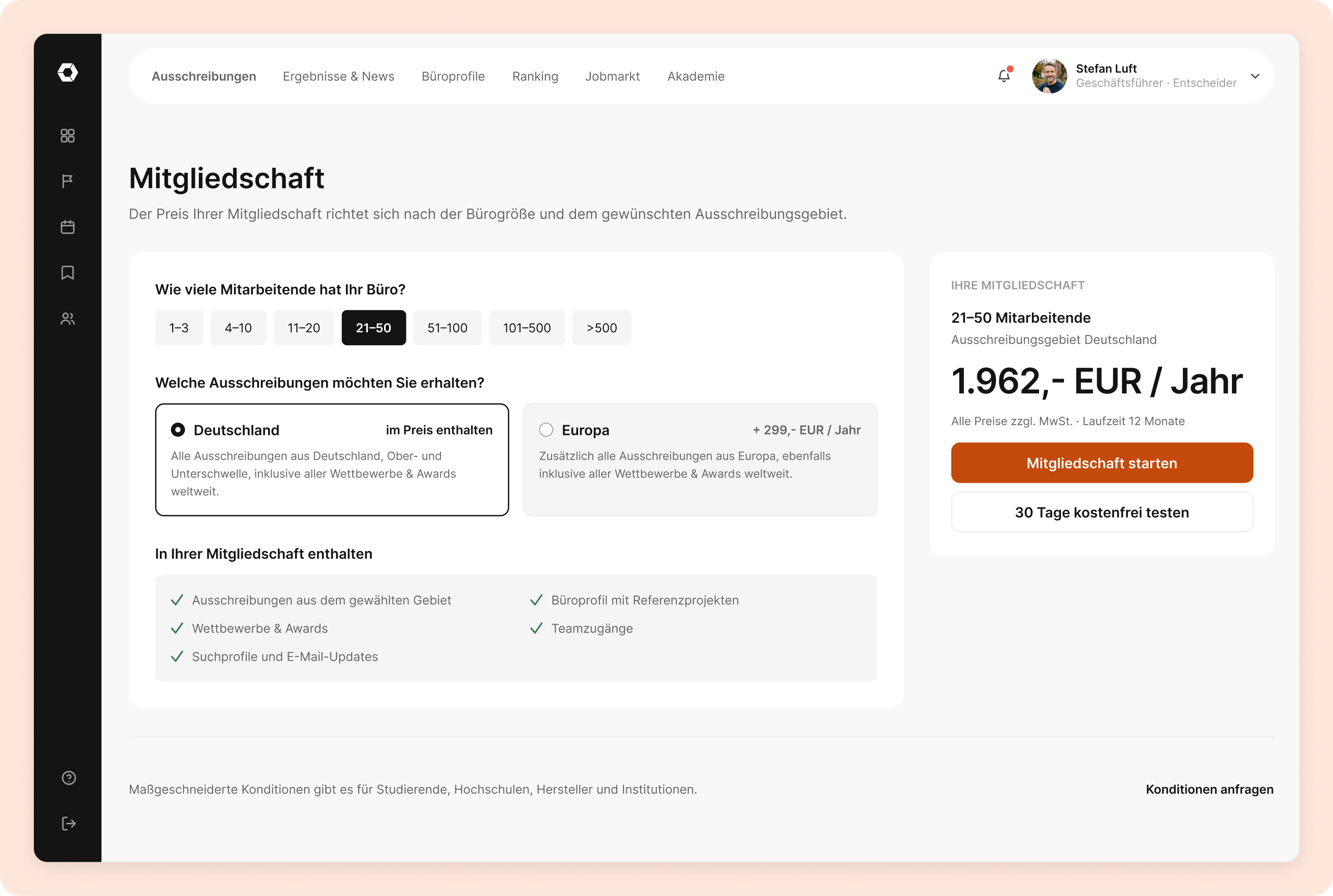 Membership page comparing plans by office size, coverage, included value and total price
