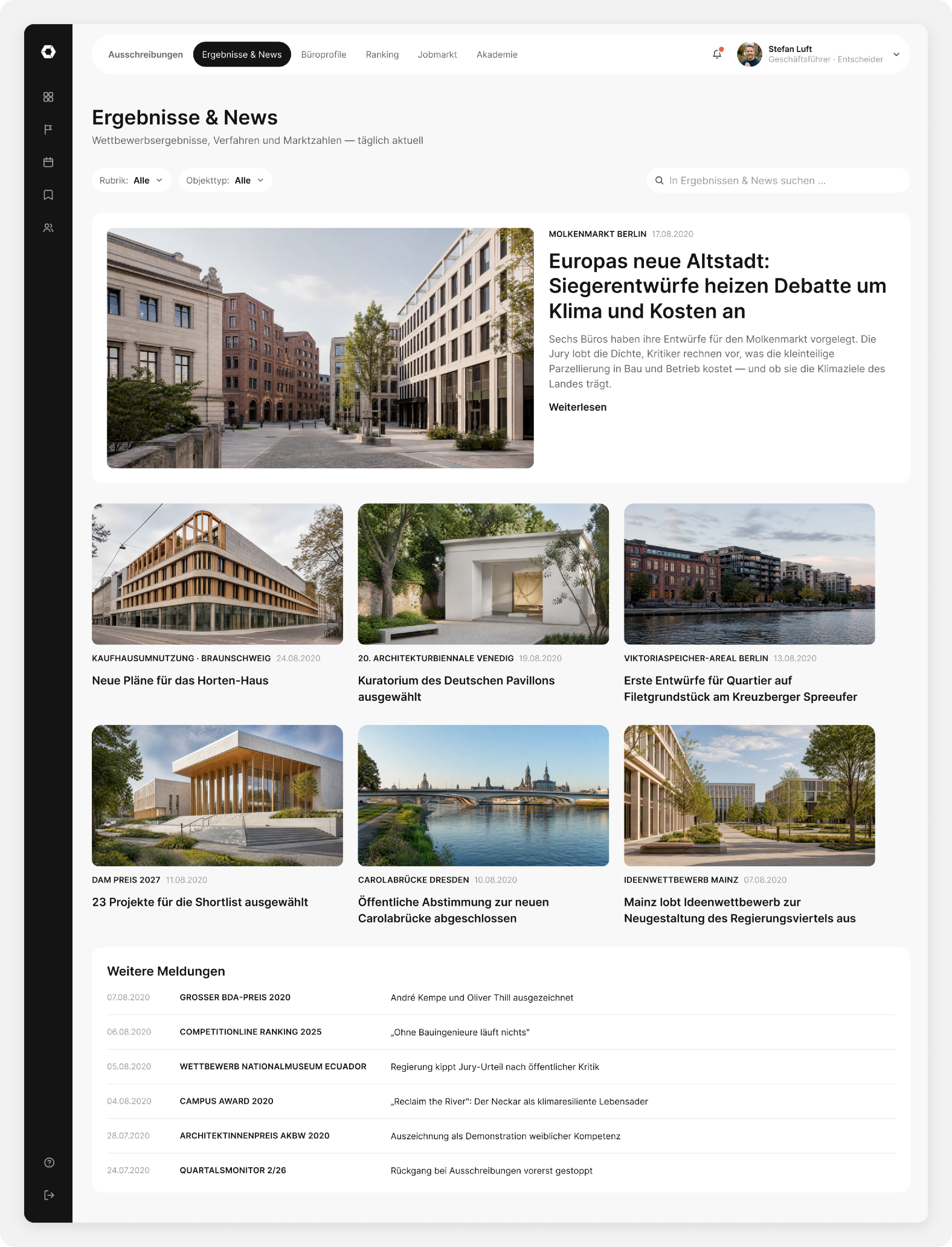 Results and news section with featured stories, filters and search in the product’s own navigation hierarchy