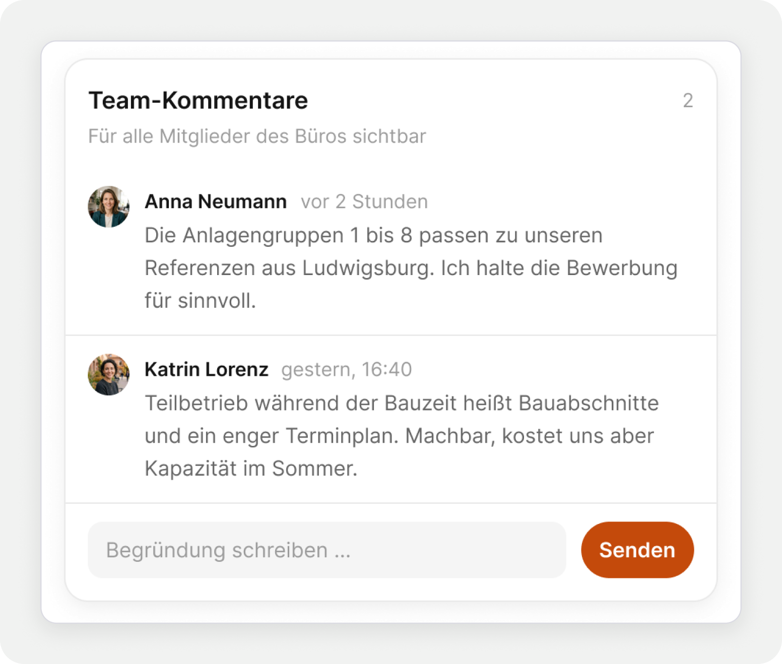 Popover collecting team comments and the vote summary for one tender