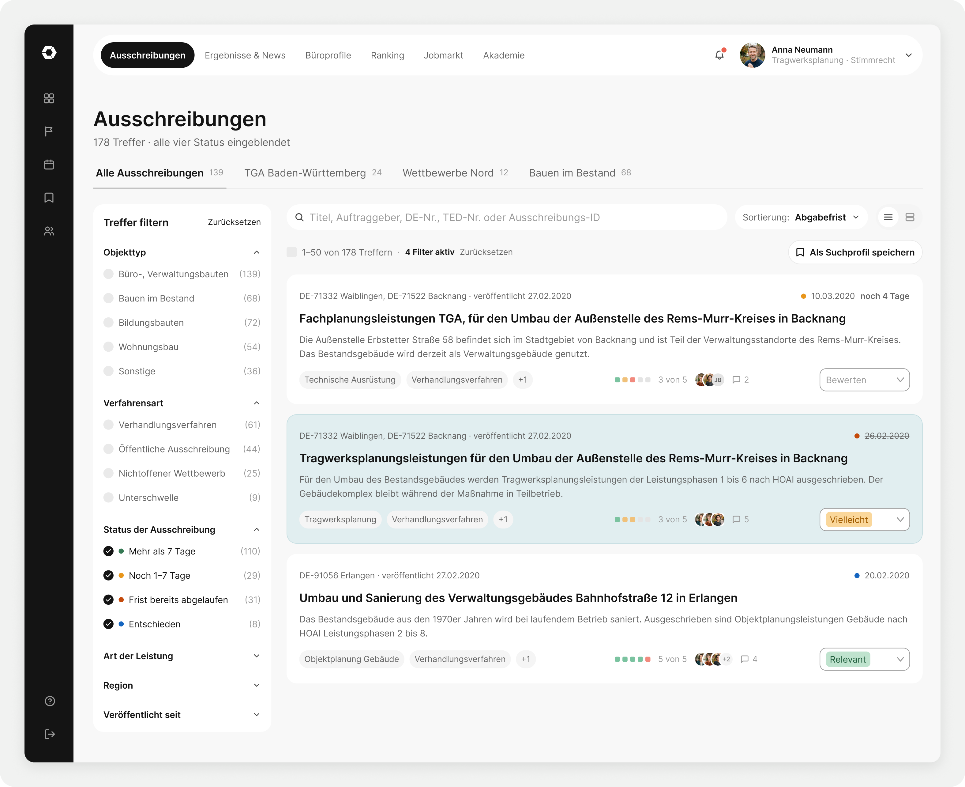 Redesigned tender list with the status filters expanded above deadline, context and assessment columns