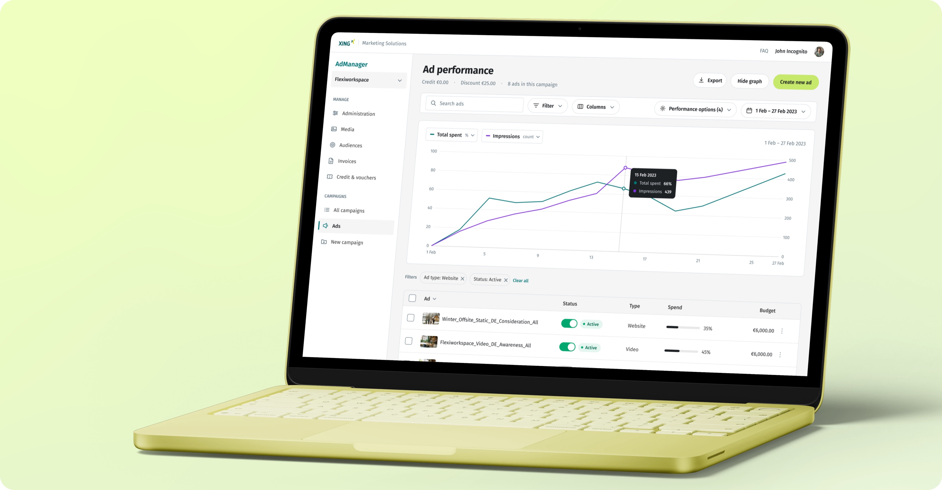 Laptop on a lime background showing the XING AdManager performance dashboard with a spend graph and ad list