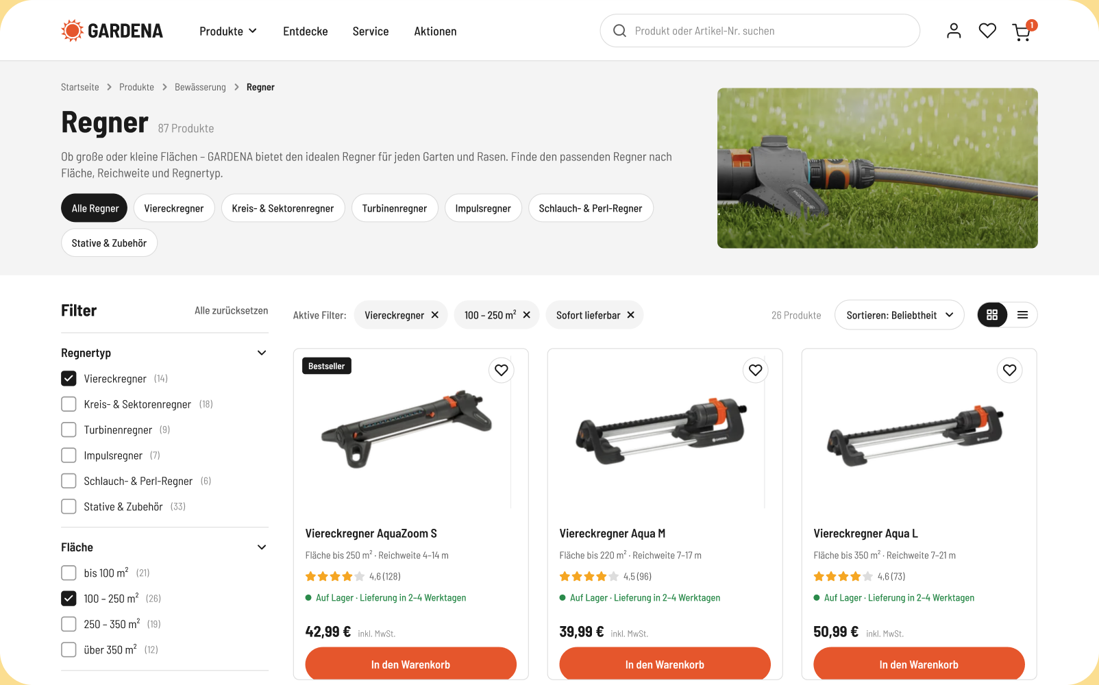 GARDENA sprinkler category listing with open filters and product cards showing rating, stock and price