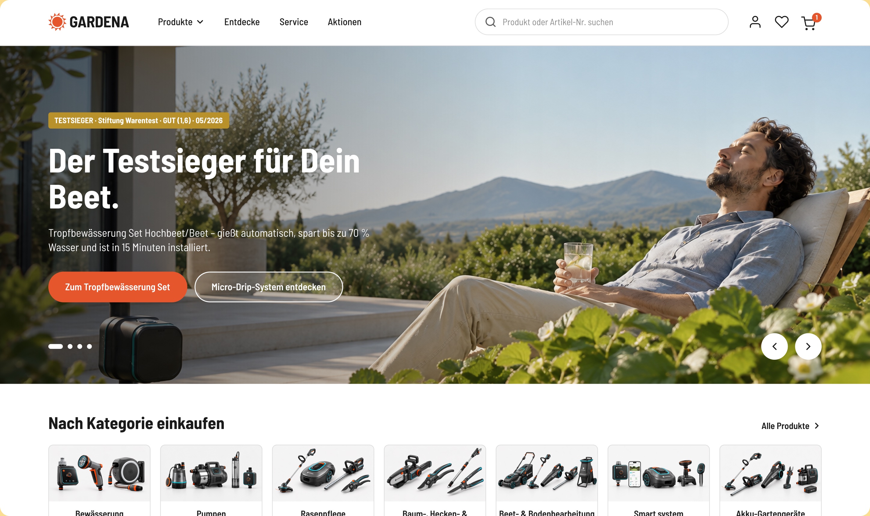 Redesigned GARDENA homepage with a visible product search, a drip-irrigation offer and the shop-by-category row