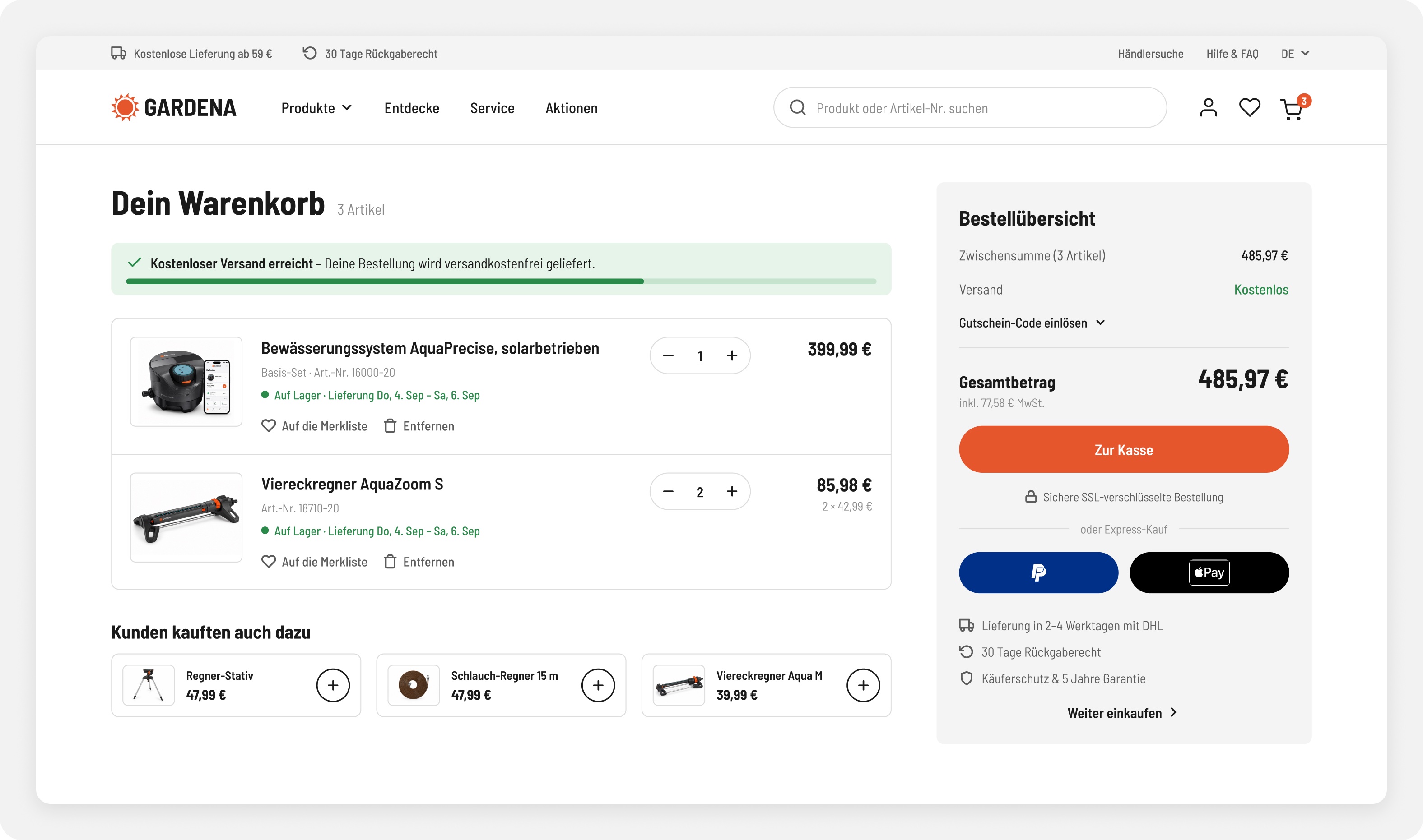 Cart showing a delivery date and trust signals before checkout