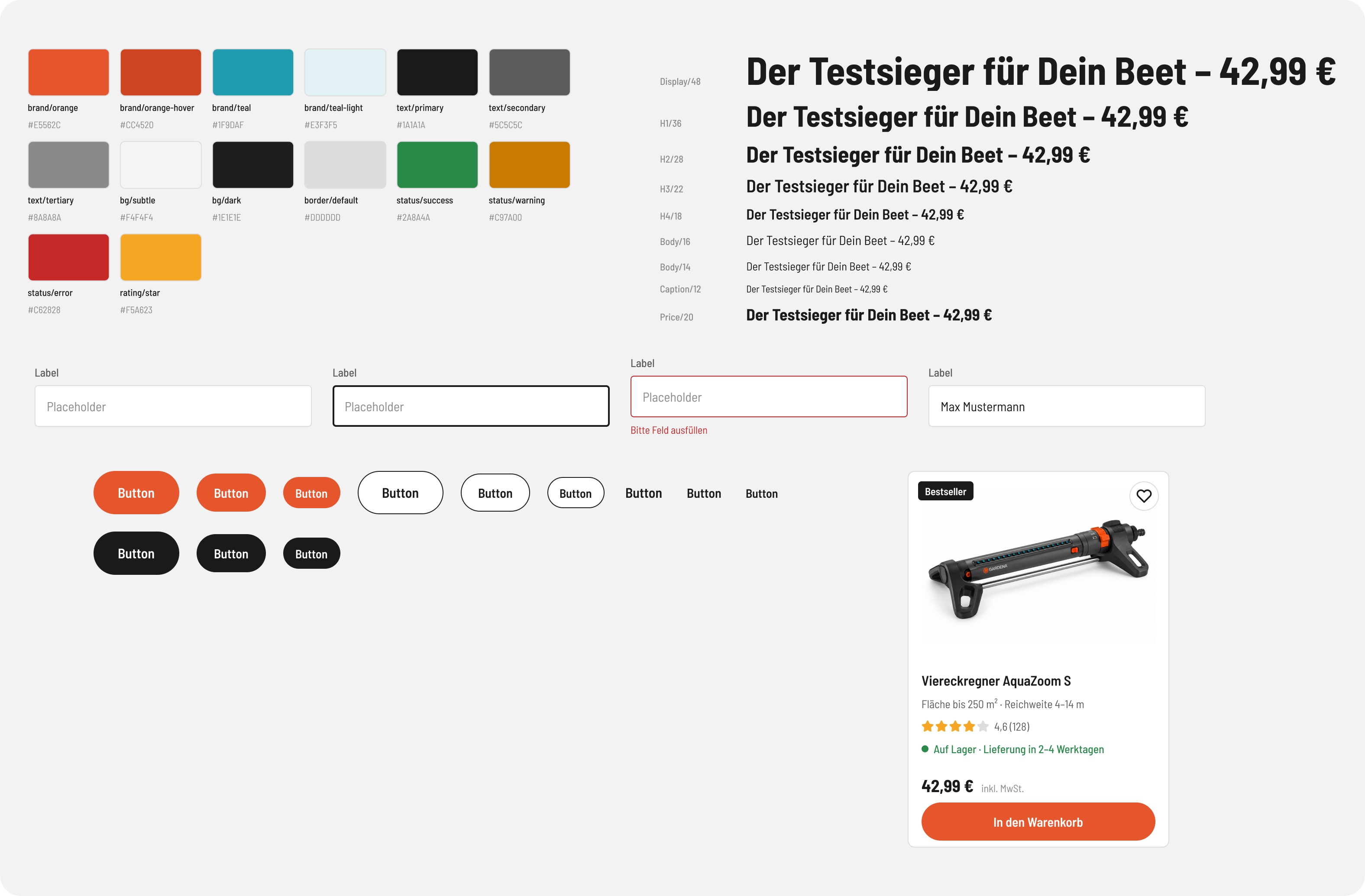 Mini design system sheet with colour tokens, a type ramp, inputs, buttons and the product card
