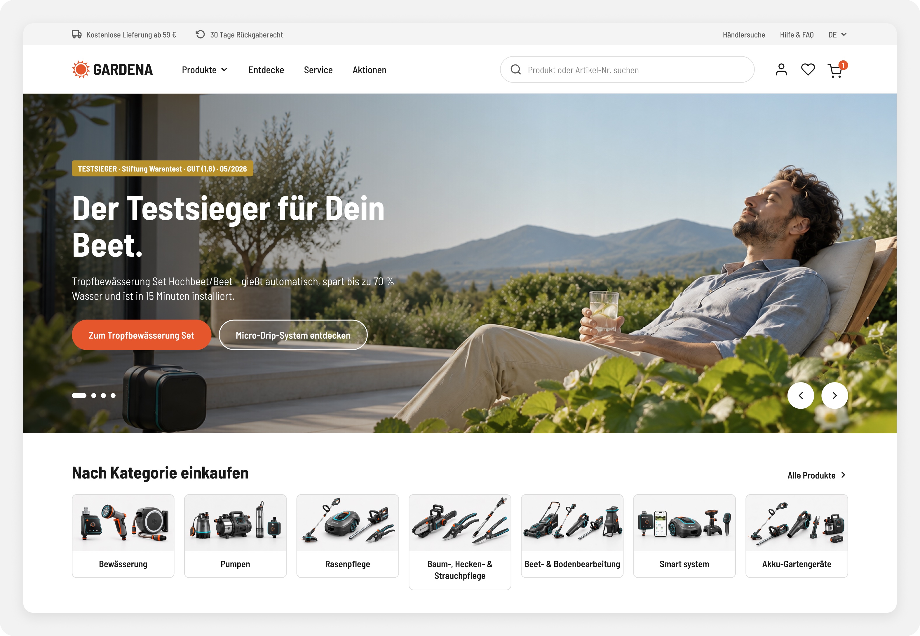 Redesigned homepage first screen with one offer, a category row and bestsellers showing price, stock and a button