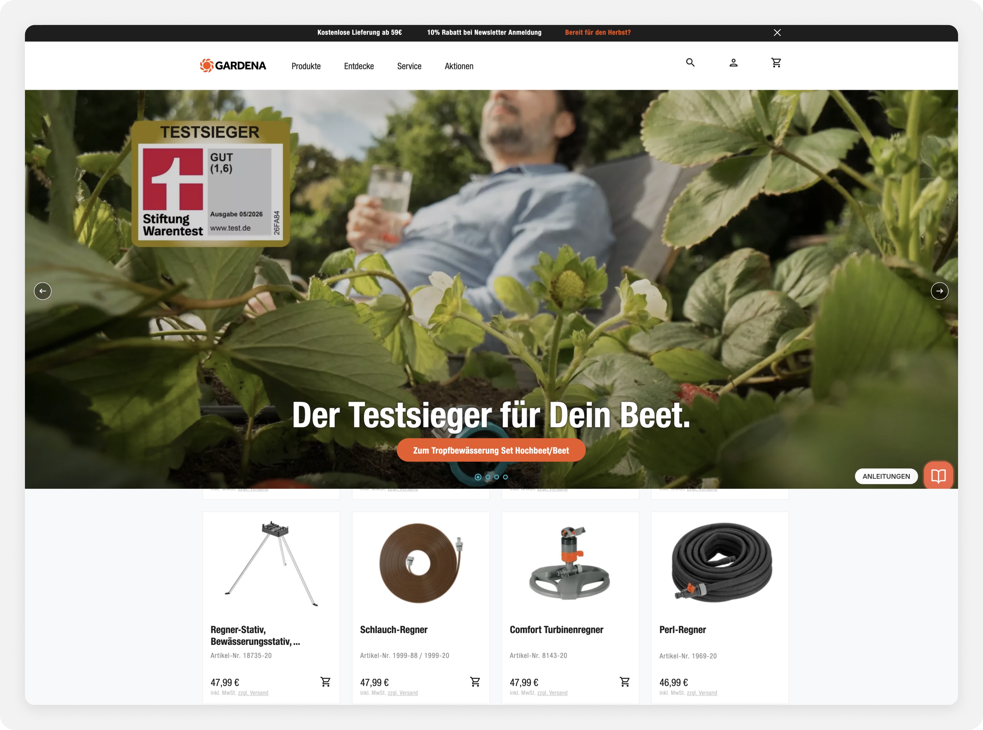 The GARDENA shop before the redesign, with editorial hero content and no products or prices above the fold