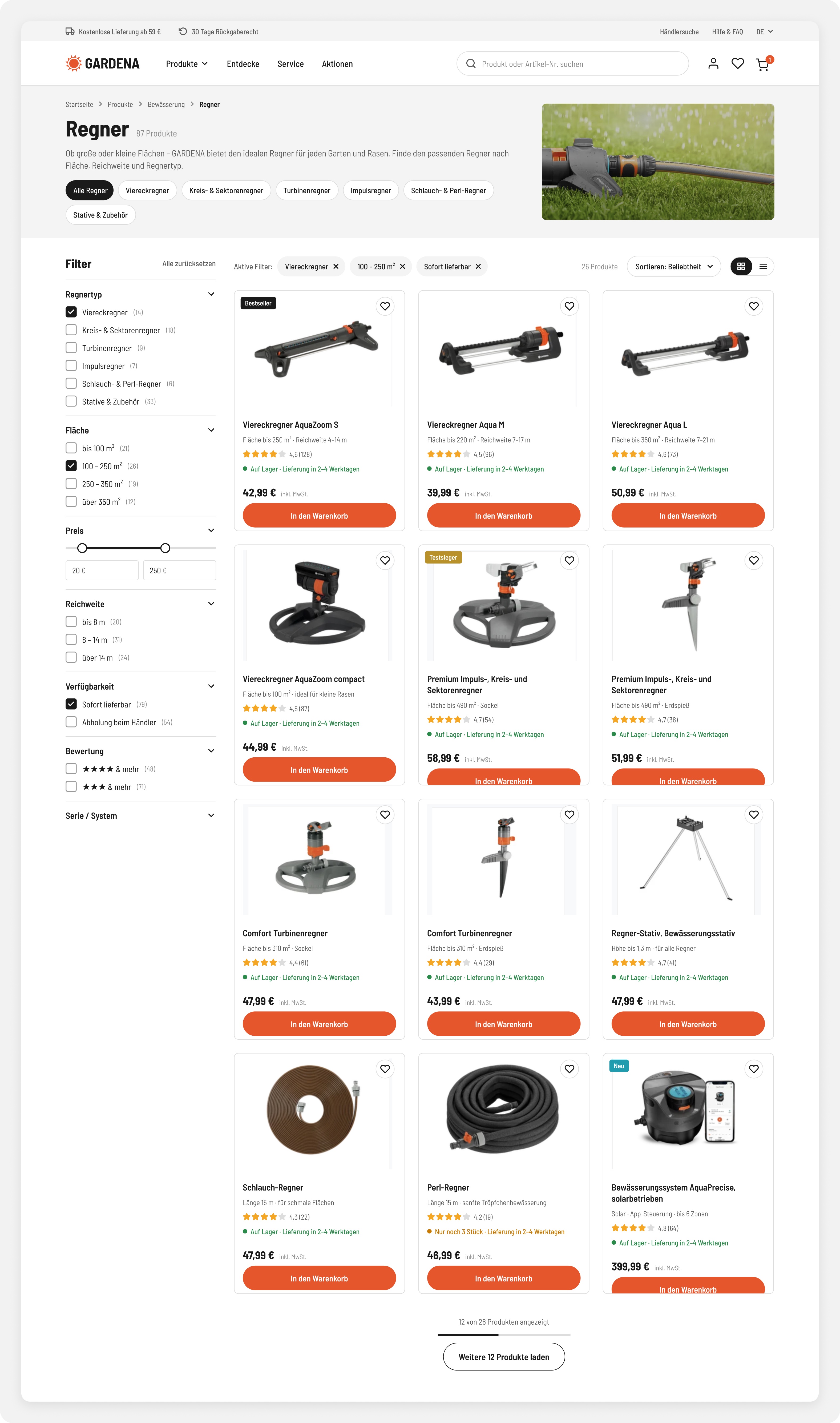 Sprinkler category listing with sub-category chips, open filters with counts and product cards showing rating, stock and price