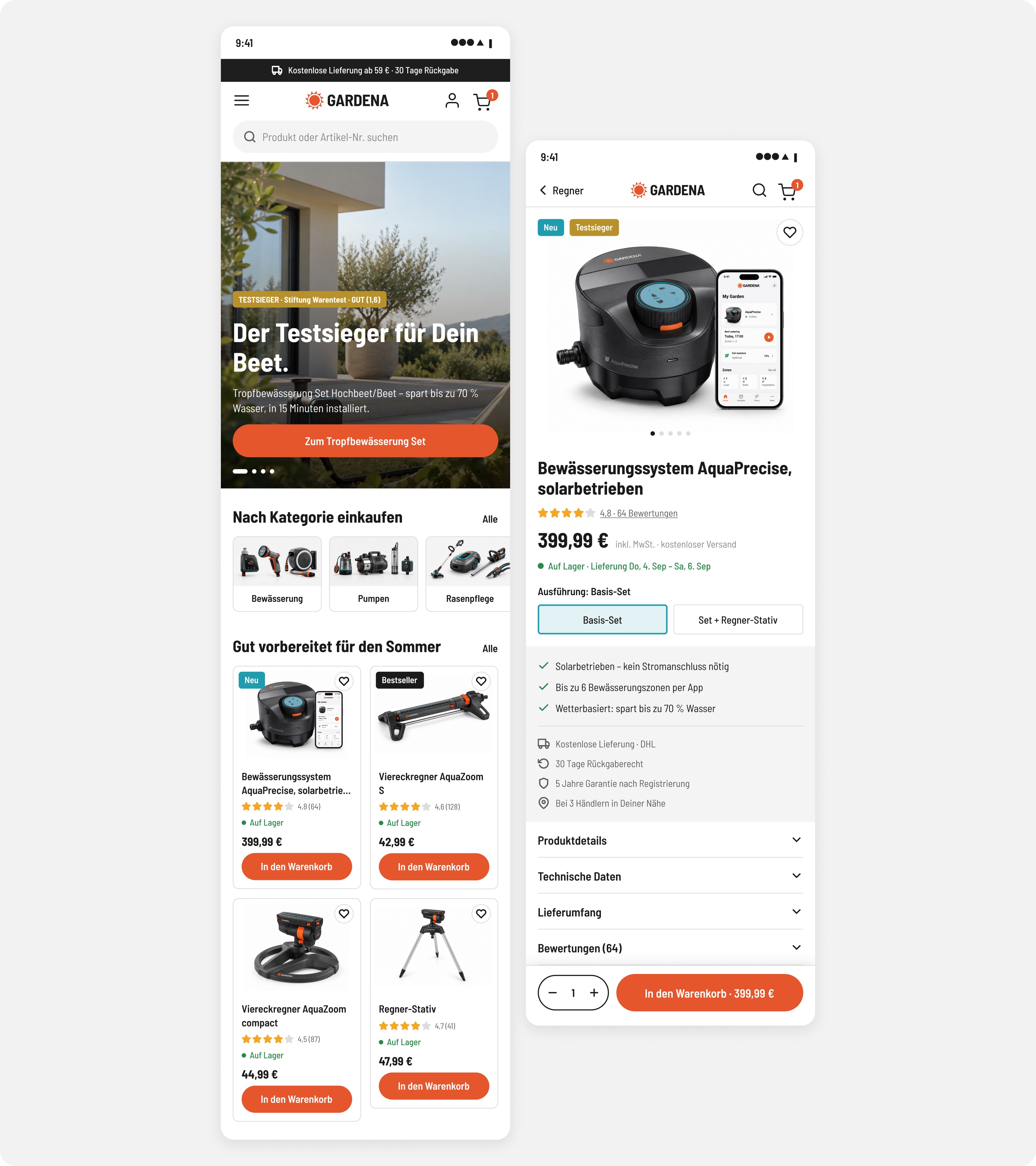 Mobile homepage and product page side by side, with search first and a sticky add-to-cart button