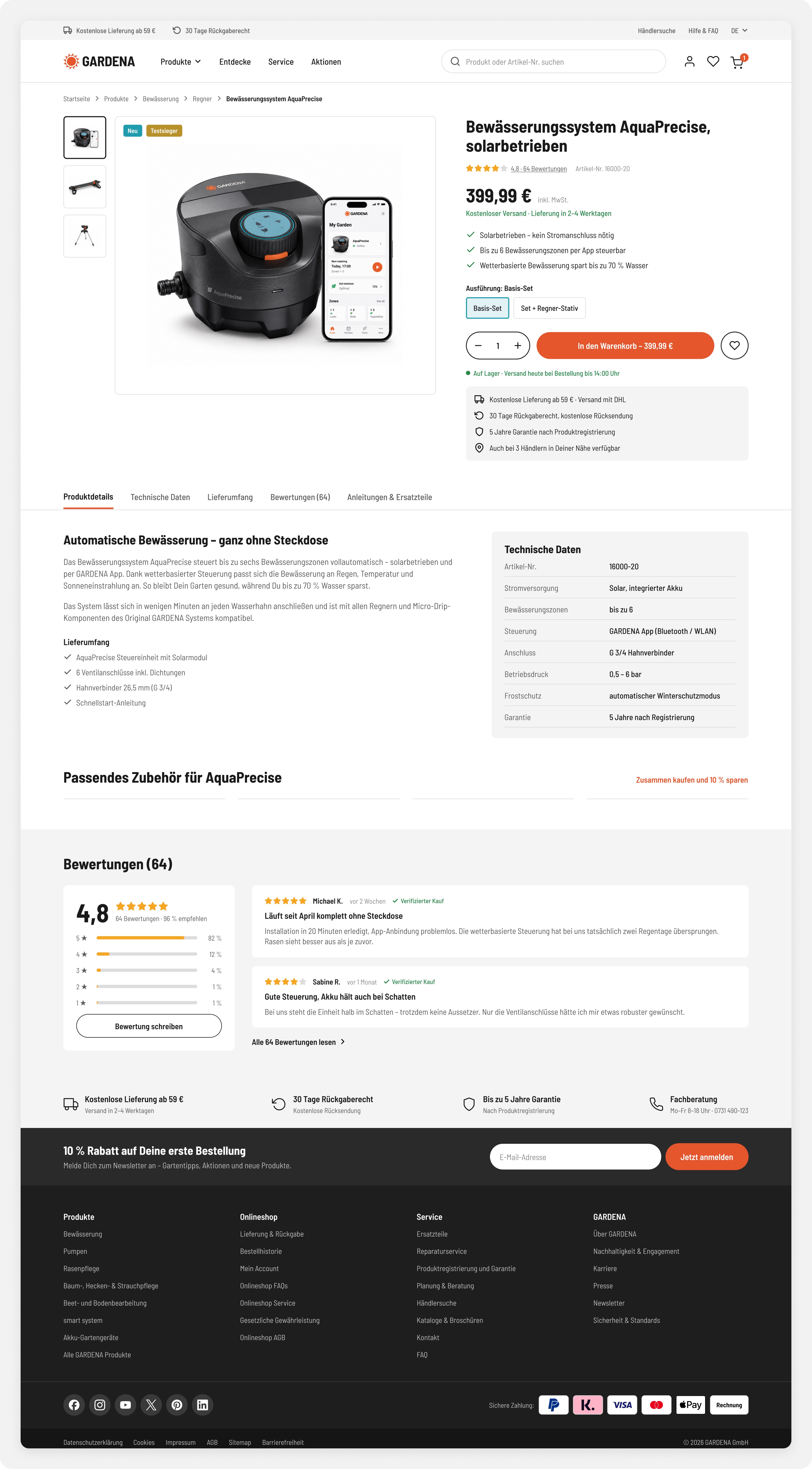 Full AquaPrecise product page with rating, price, benefits, set choice, quantity and an add-to-cart button above the fold