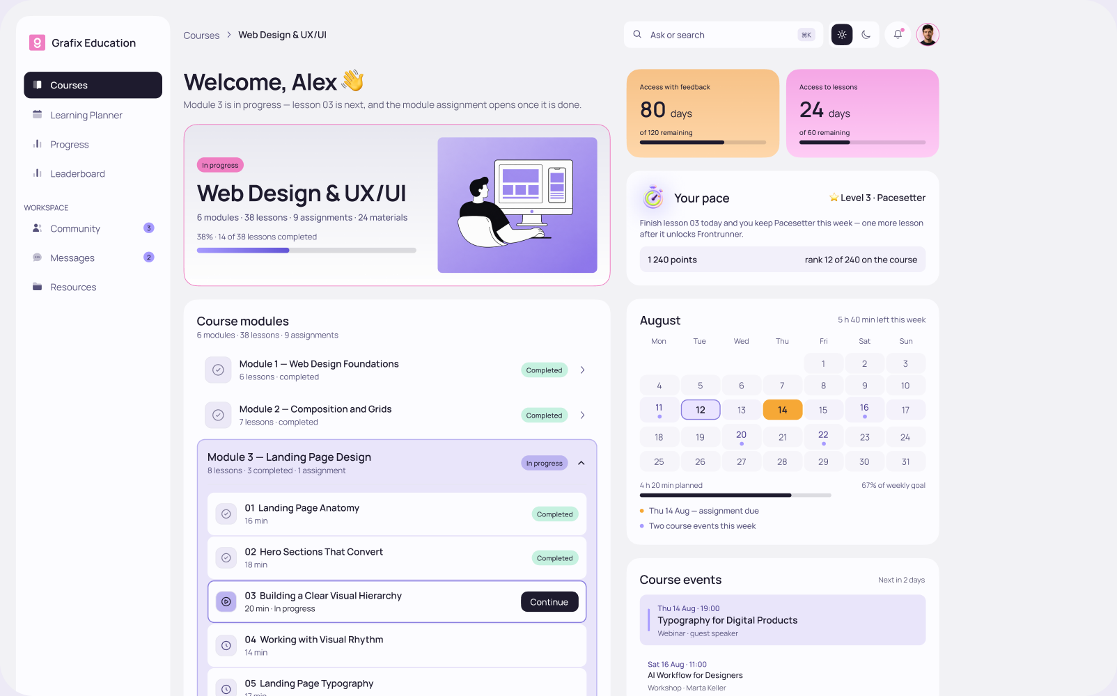 GRAFIX Education course page connecting schedule, modules and the active lesson