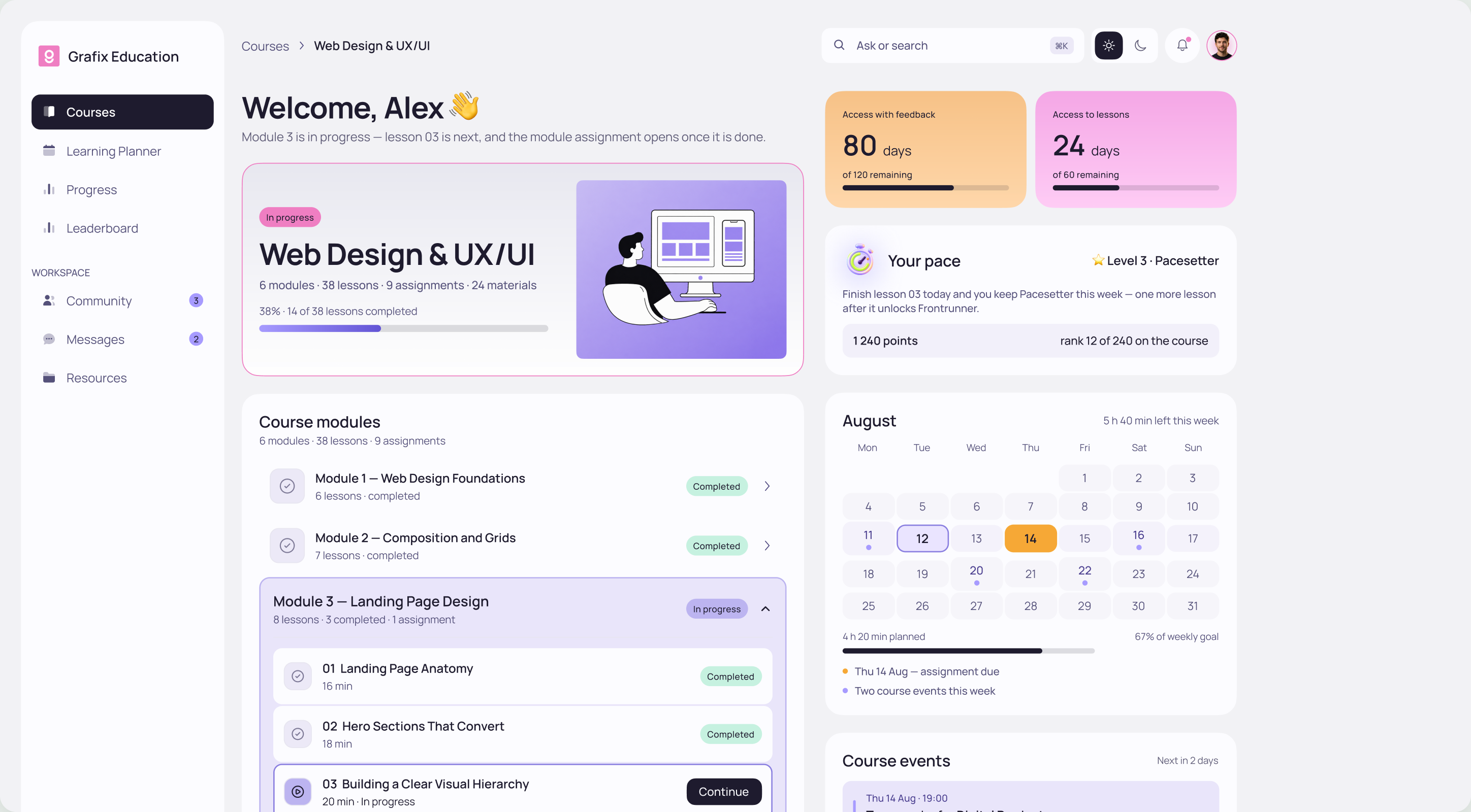 GRAFIX Education course page showing schedule, modules and the active lesson