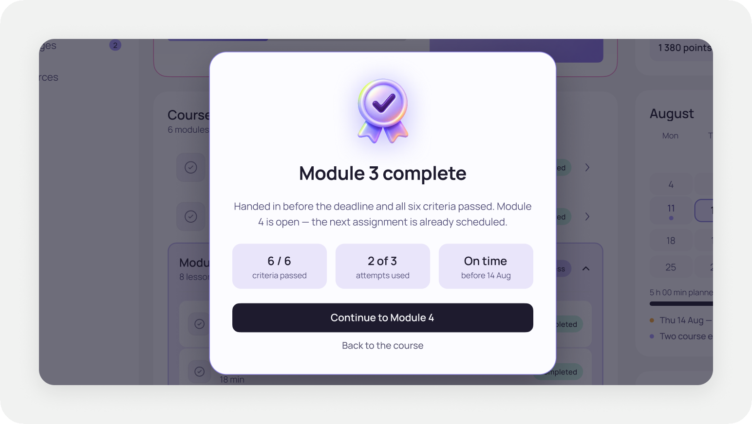 Completion feedback panel confirming an accepted assignment
