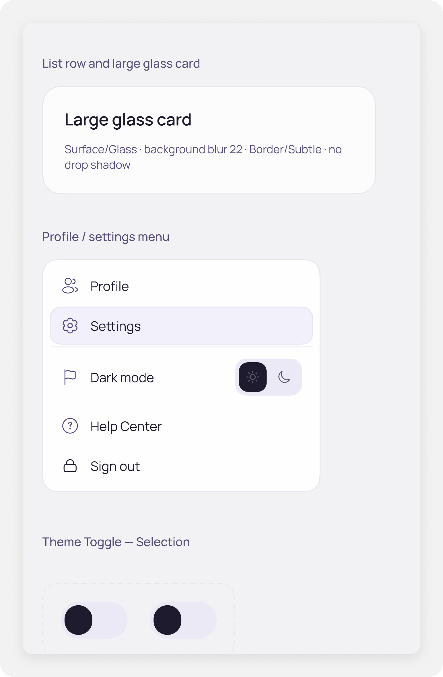 Design system sheet showing component states for buttons, inputs and cards