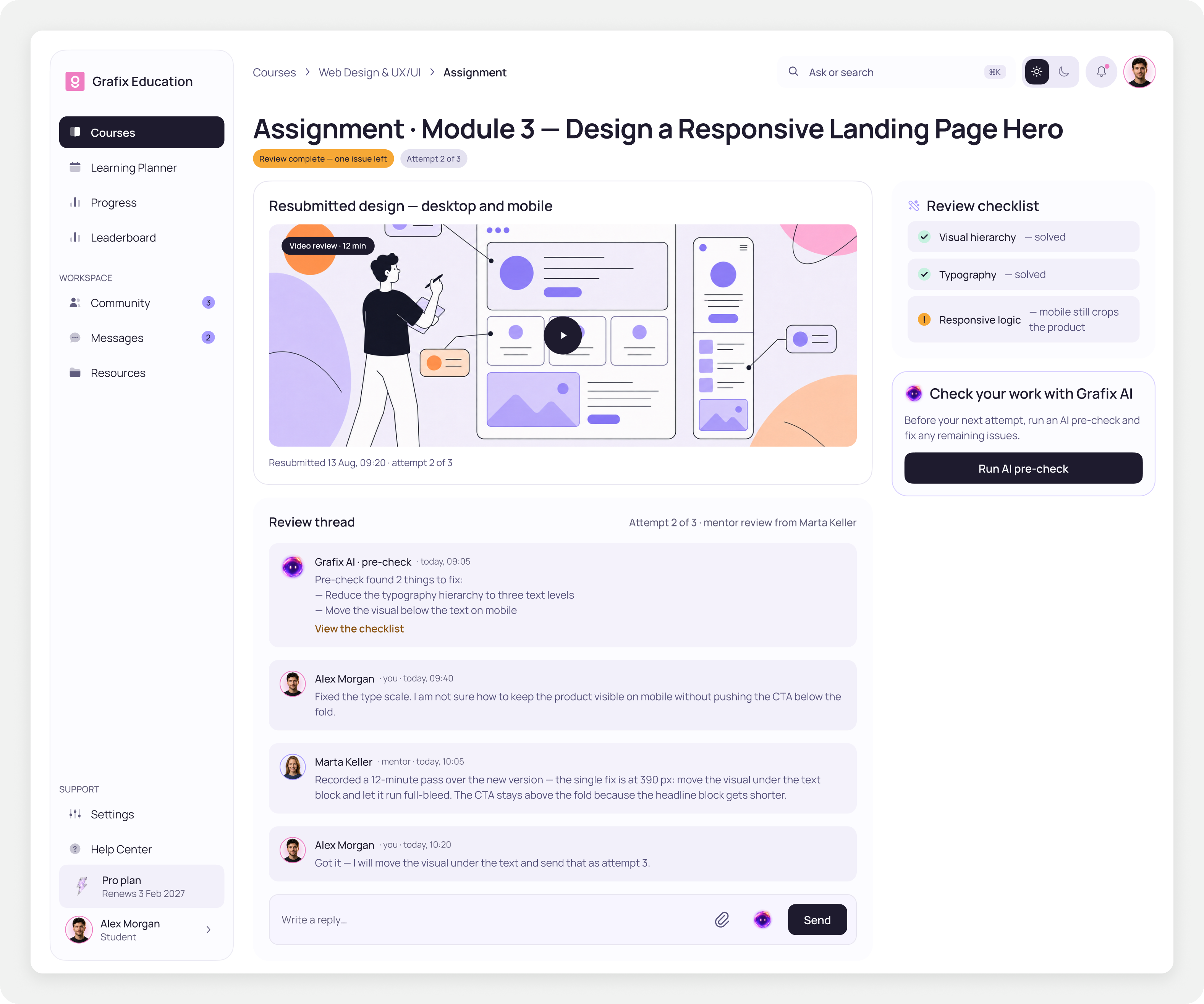 Curator review thread combining AI pre-check results with mentor comments on one submission