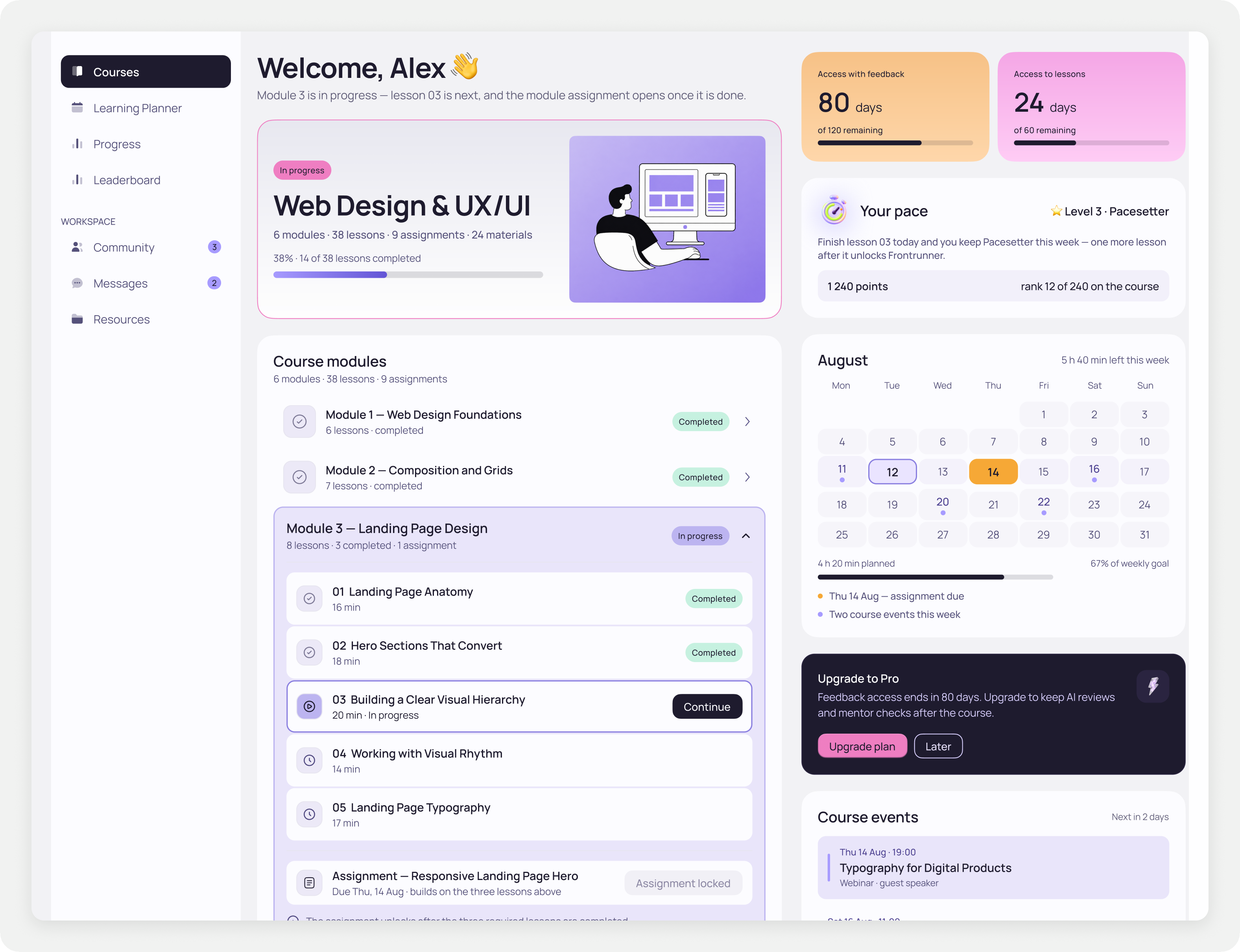 Focus panel showing course progress and completed lessons alongside the lesson content