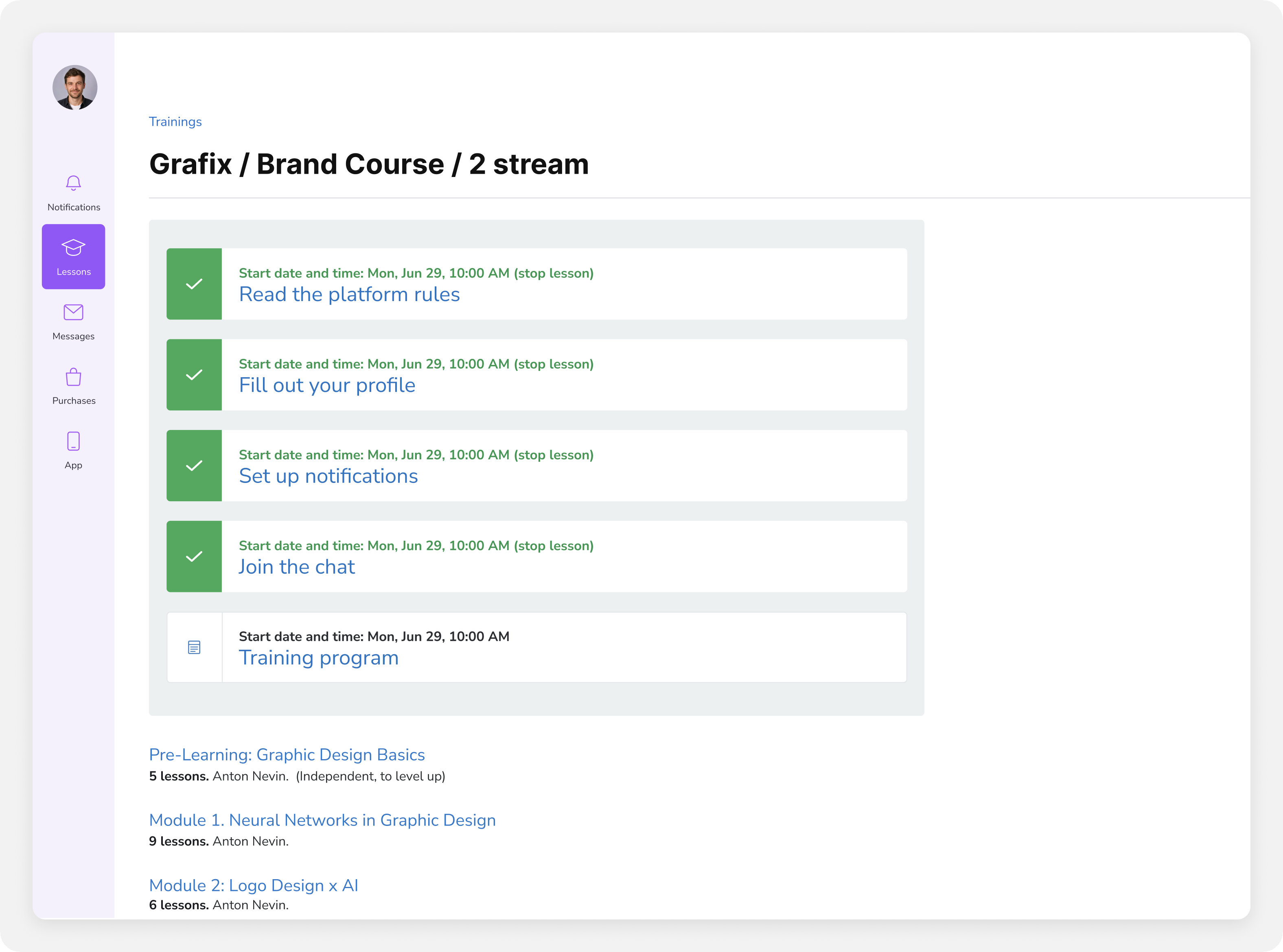 Legacy GRAFIX course view before the redesign, with lessons and progress split across separate areas