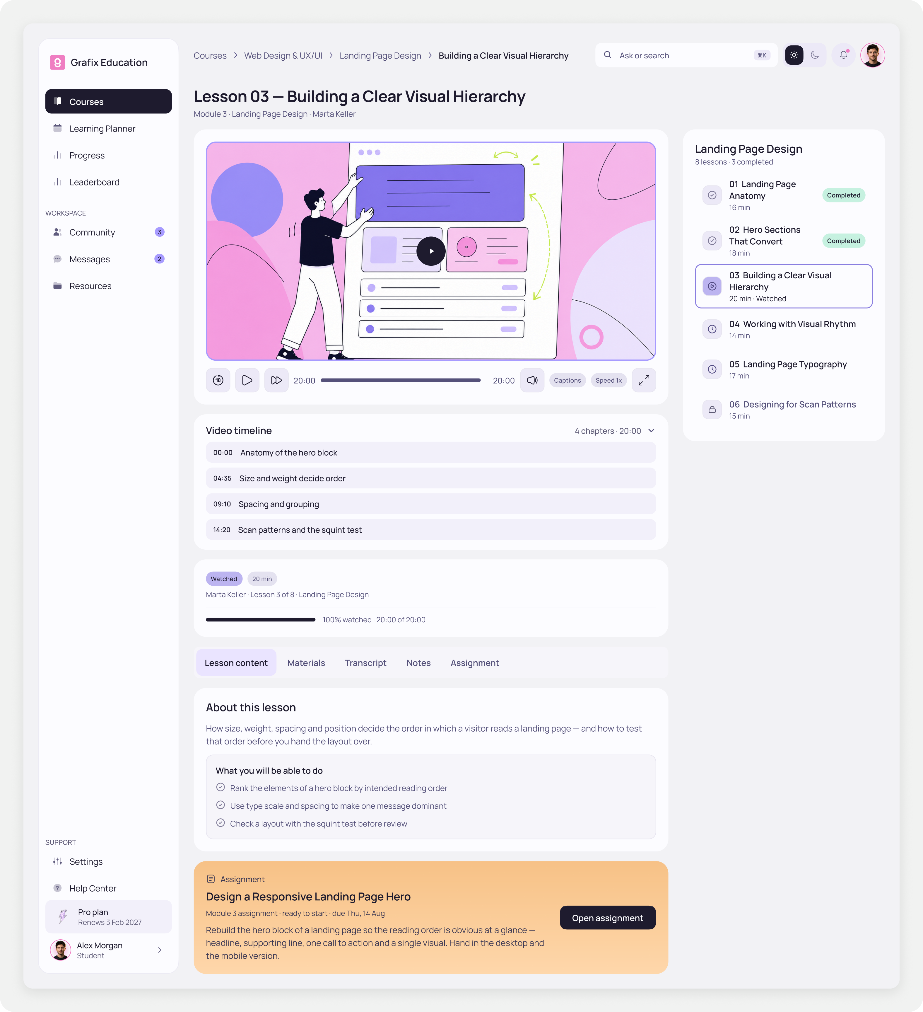 Desktop lesson player with the video, chapter timeline and lesson list in one workspace