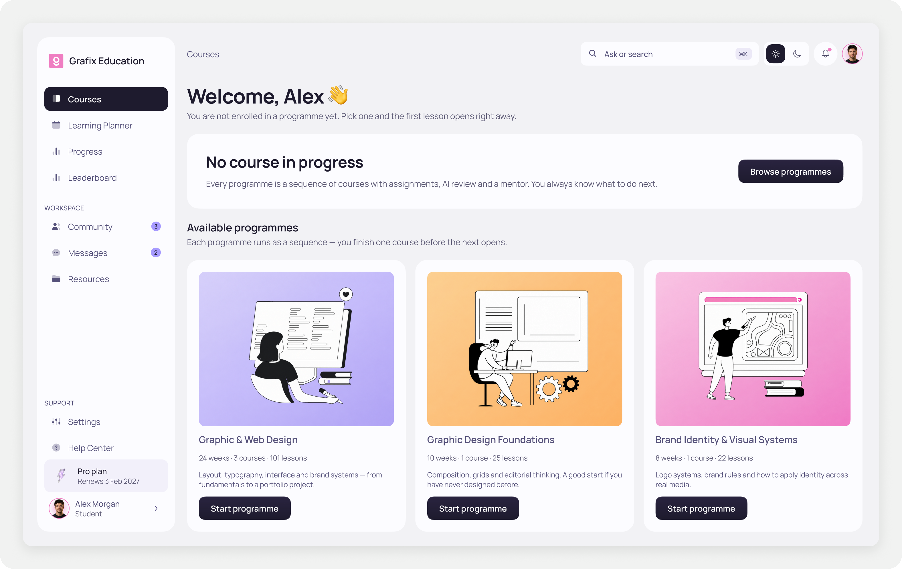 Redesigned programme discovery screen with an empty state and a single next action to browse courses