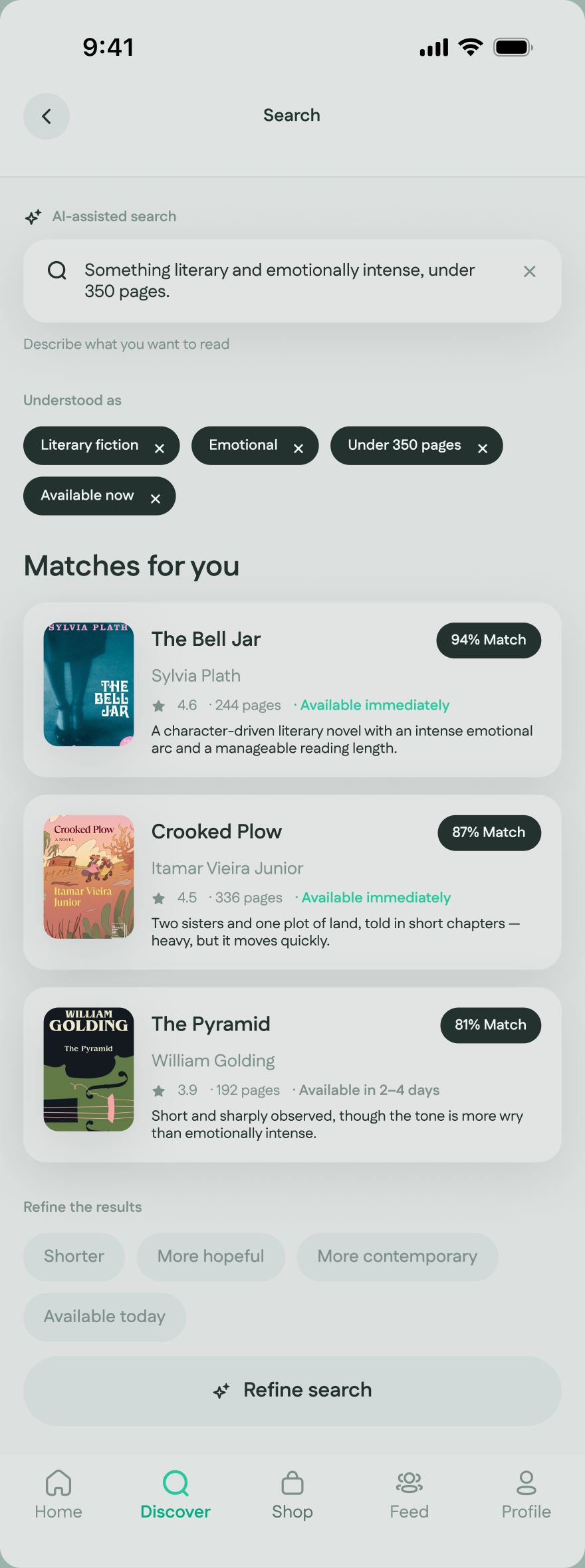 AI-assisted search results with the interpreted criteria above the recommended books