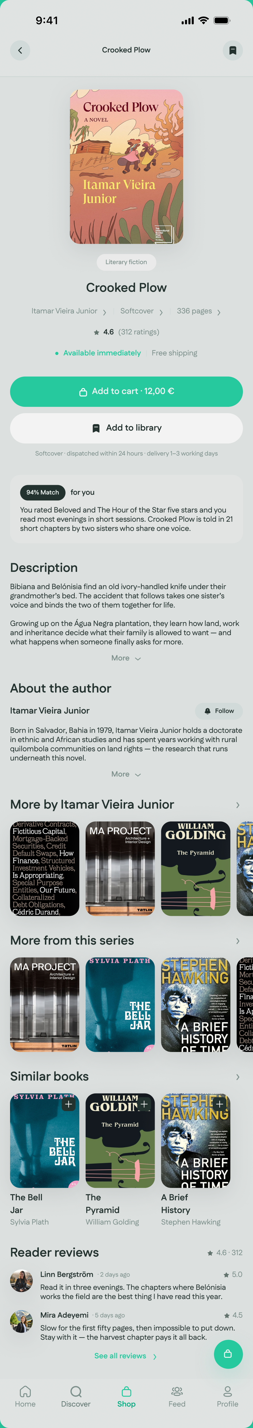 Reado book details screen with match rationale, price and the buy and save actions