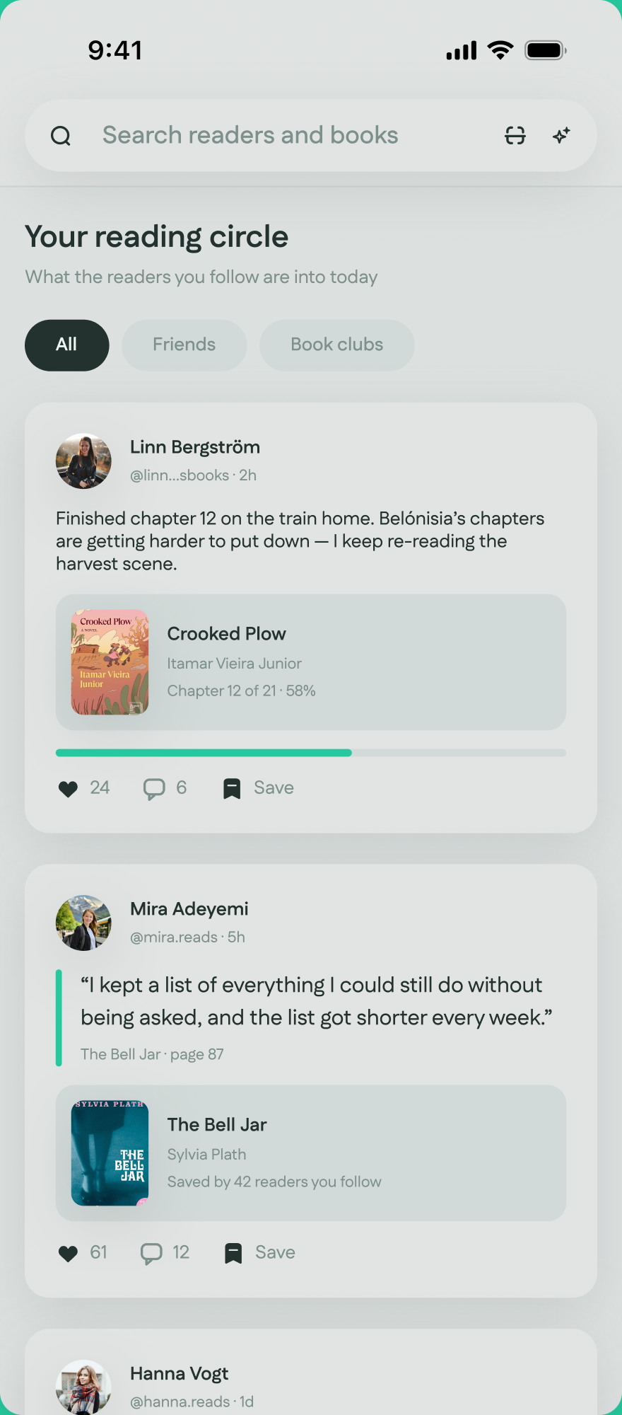 Reado community feed with reader recommendations and discussion around shared books