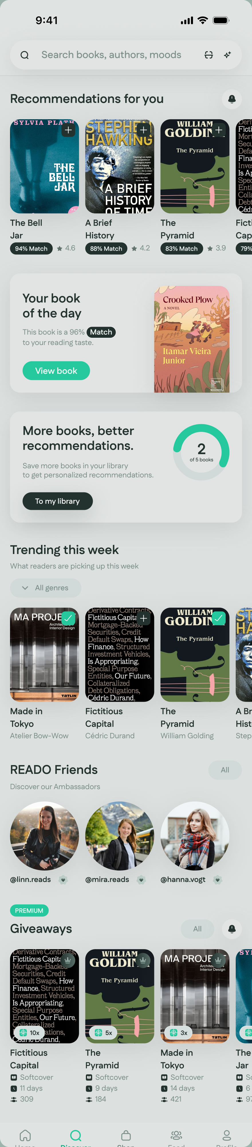 Reado Discover feed with personalised recommendations and the daily pick