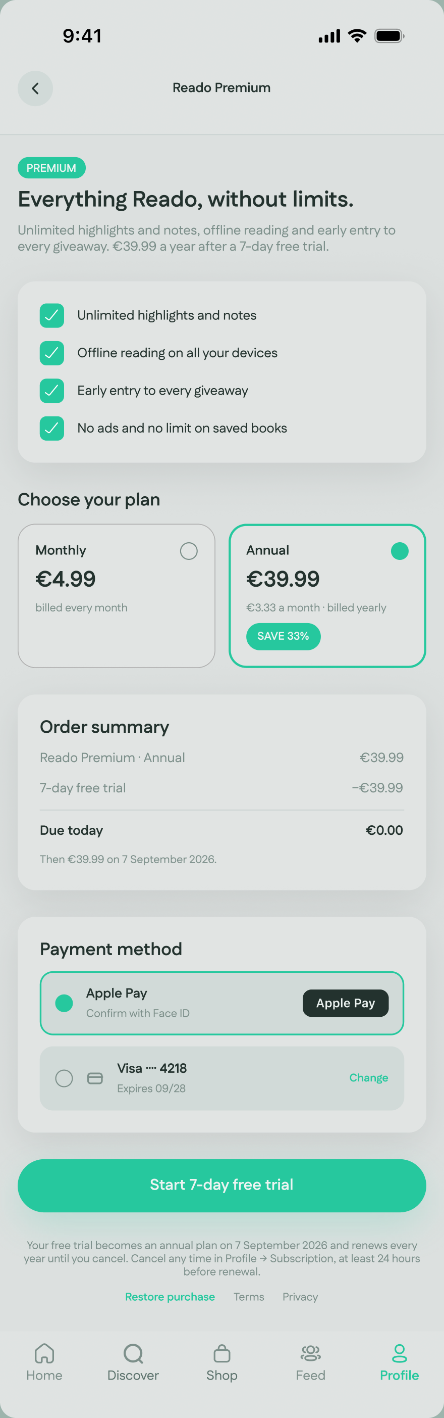 Reado premium checkout comparing the monthly and annual plans after the benefit list