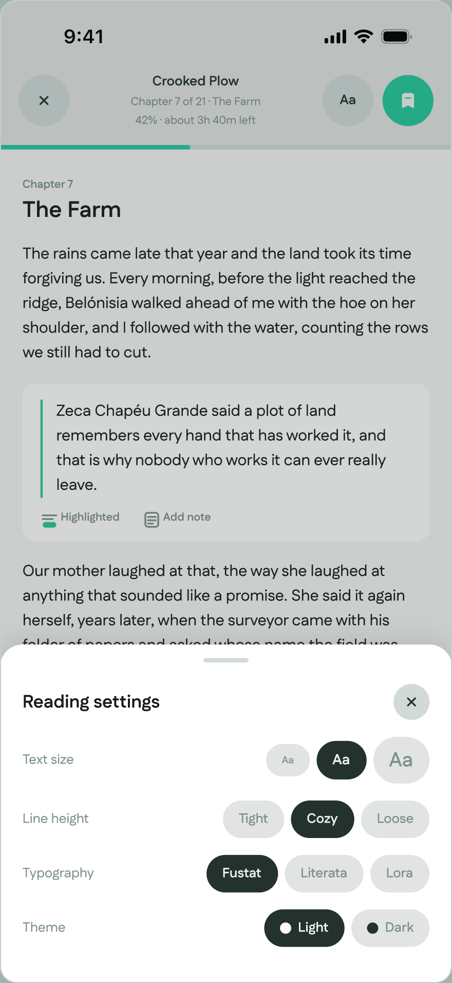 Reader settings layer with typography, spacing and theme controls over the text