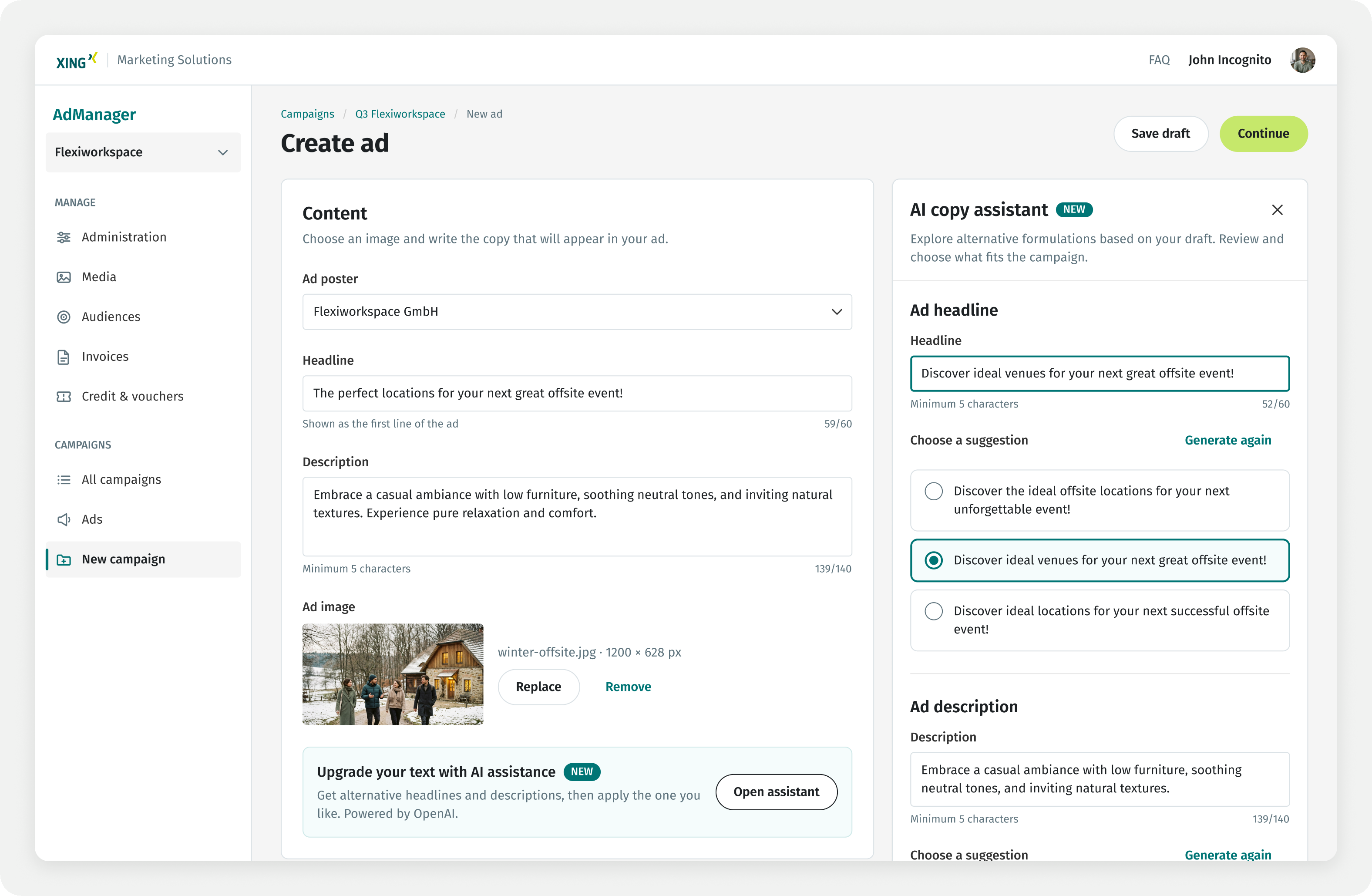 Campaign creation flow with an AI assistant, a later concept beyond the released product