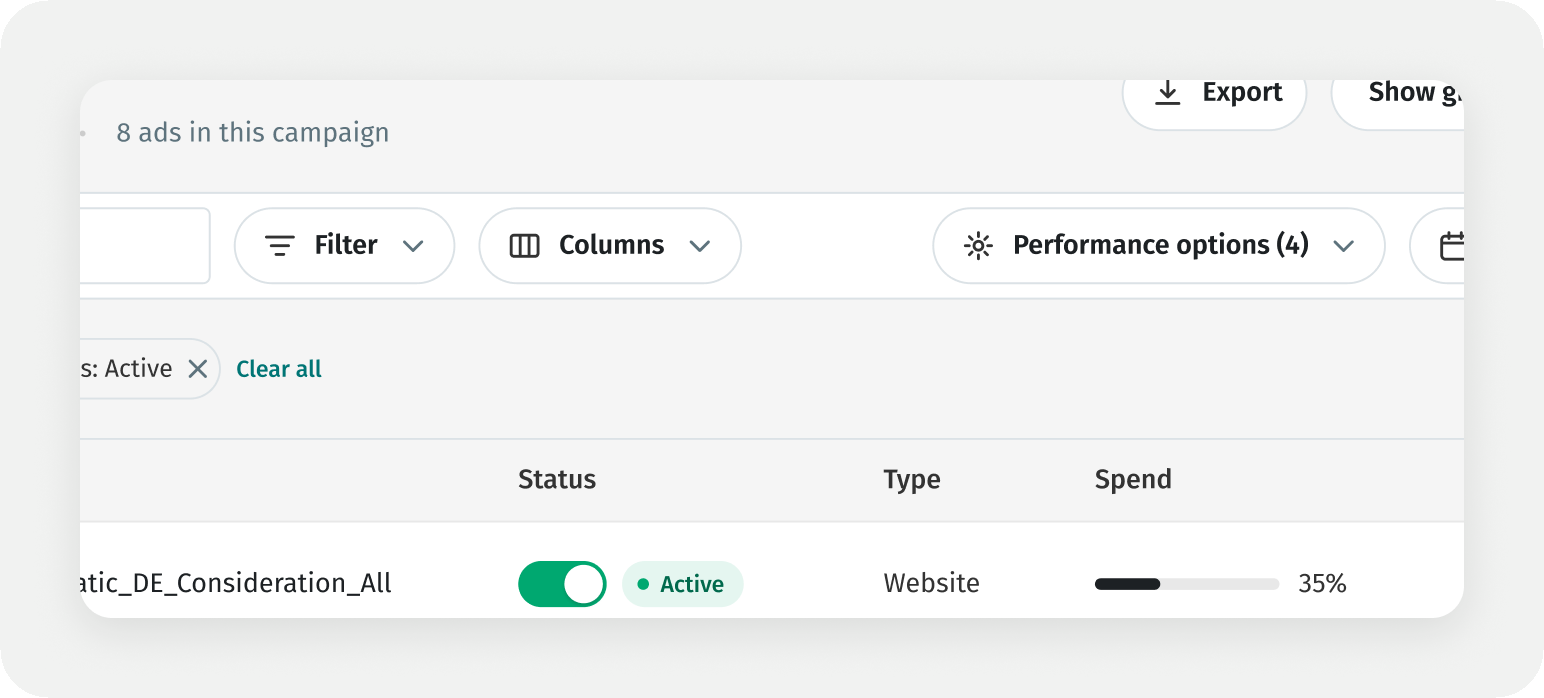 Persistent workspace controls for filtering and column setup
