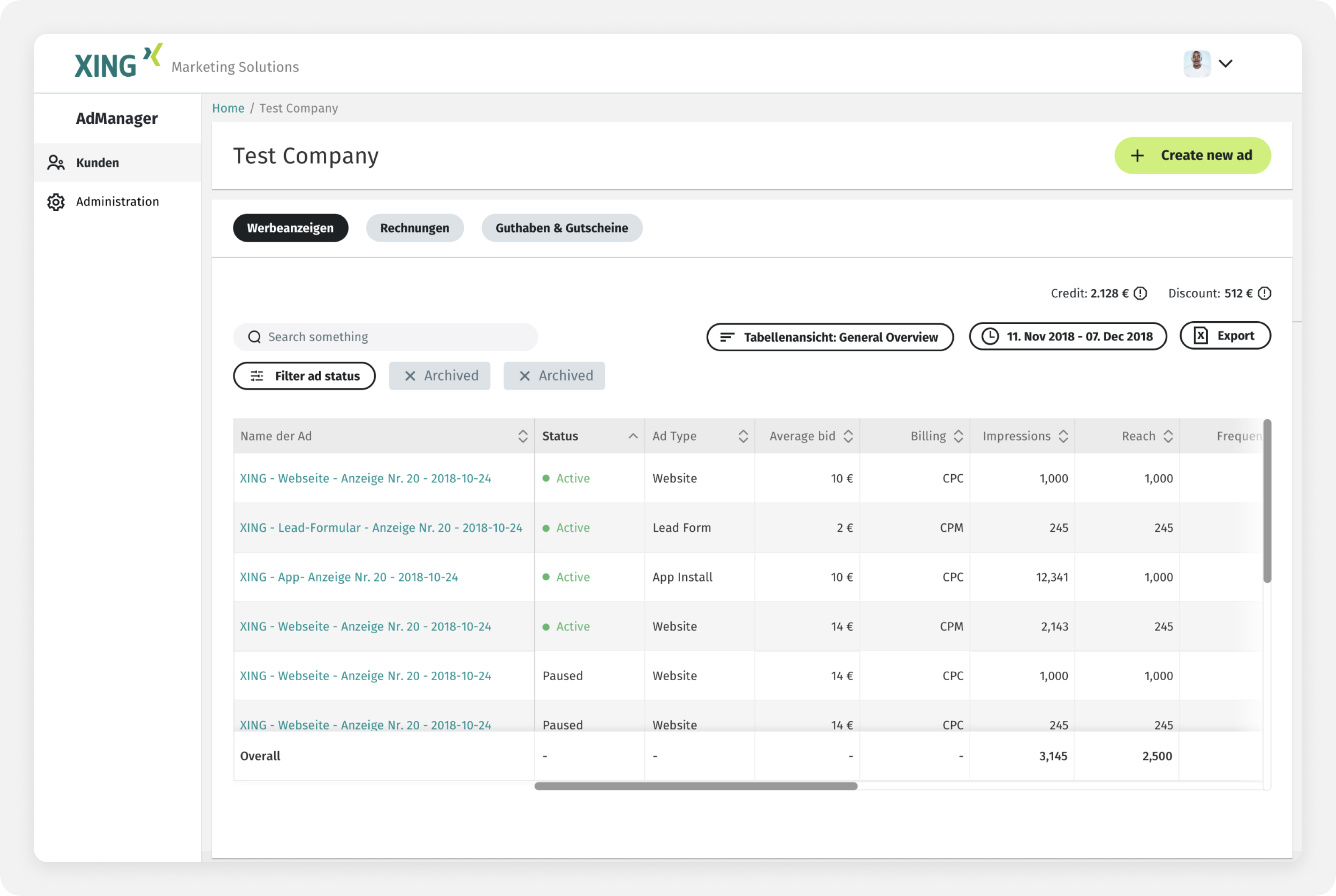 Legacy XING AdManager campaign table before the redesign