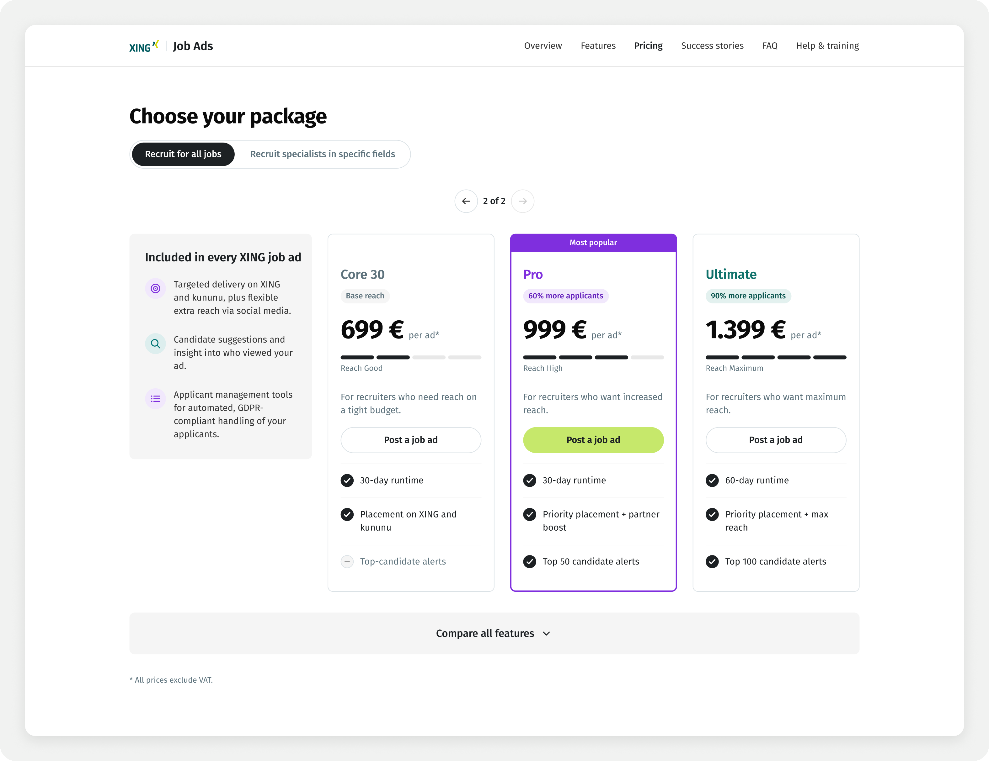 Side-by-side comparison of the Core, Pro and Ultimate packages