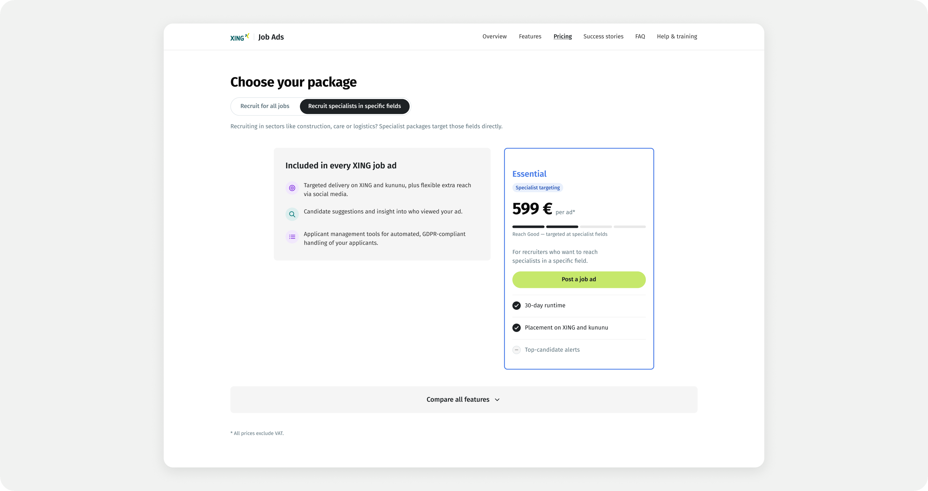 Focused package selection step for the Essential plan