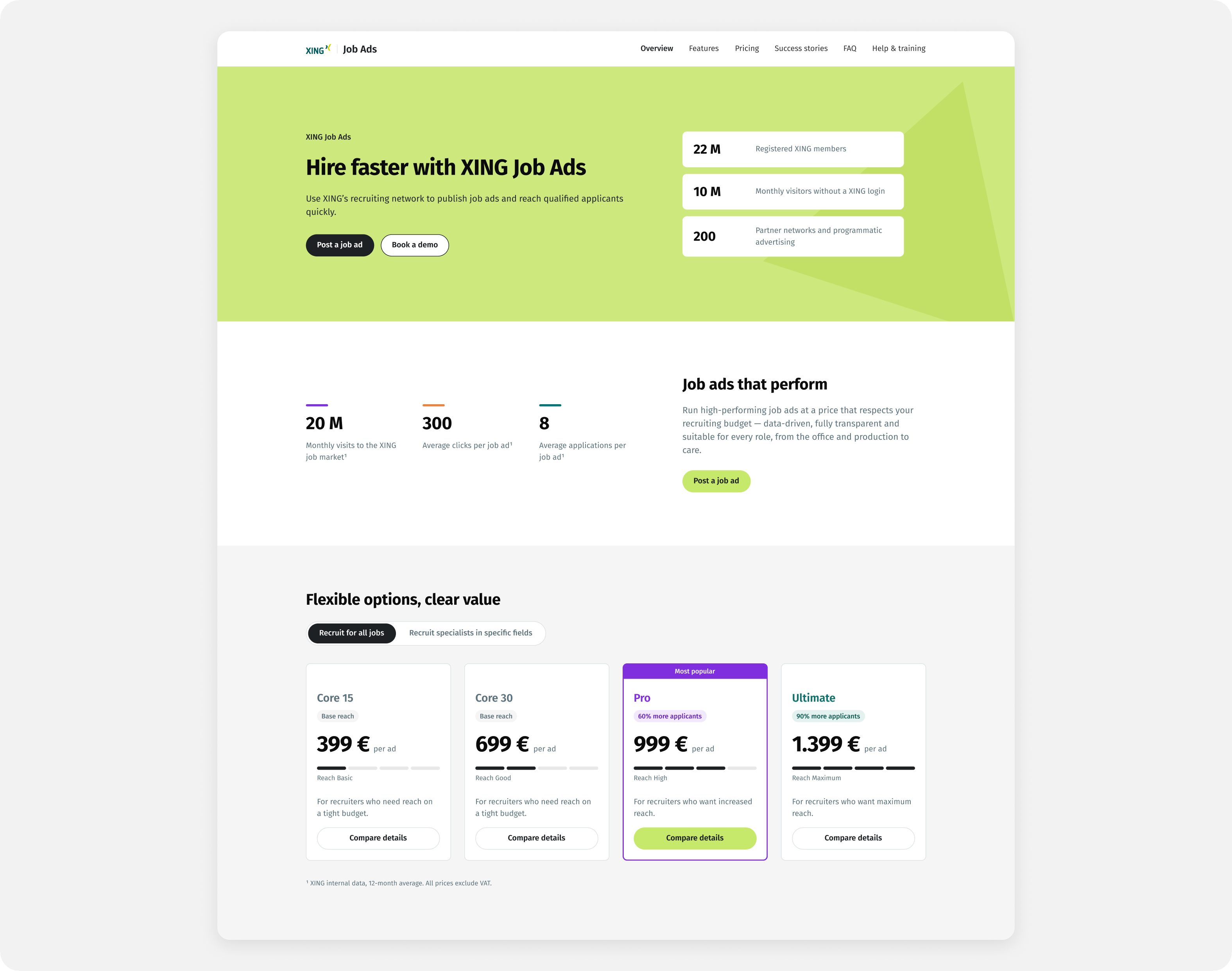 Job ad landing page establishing reach and included benefits before price